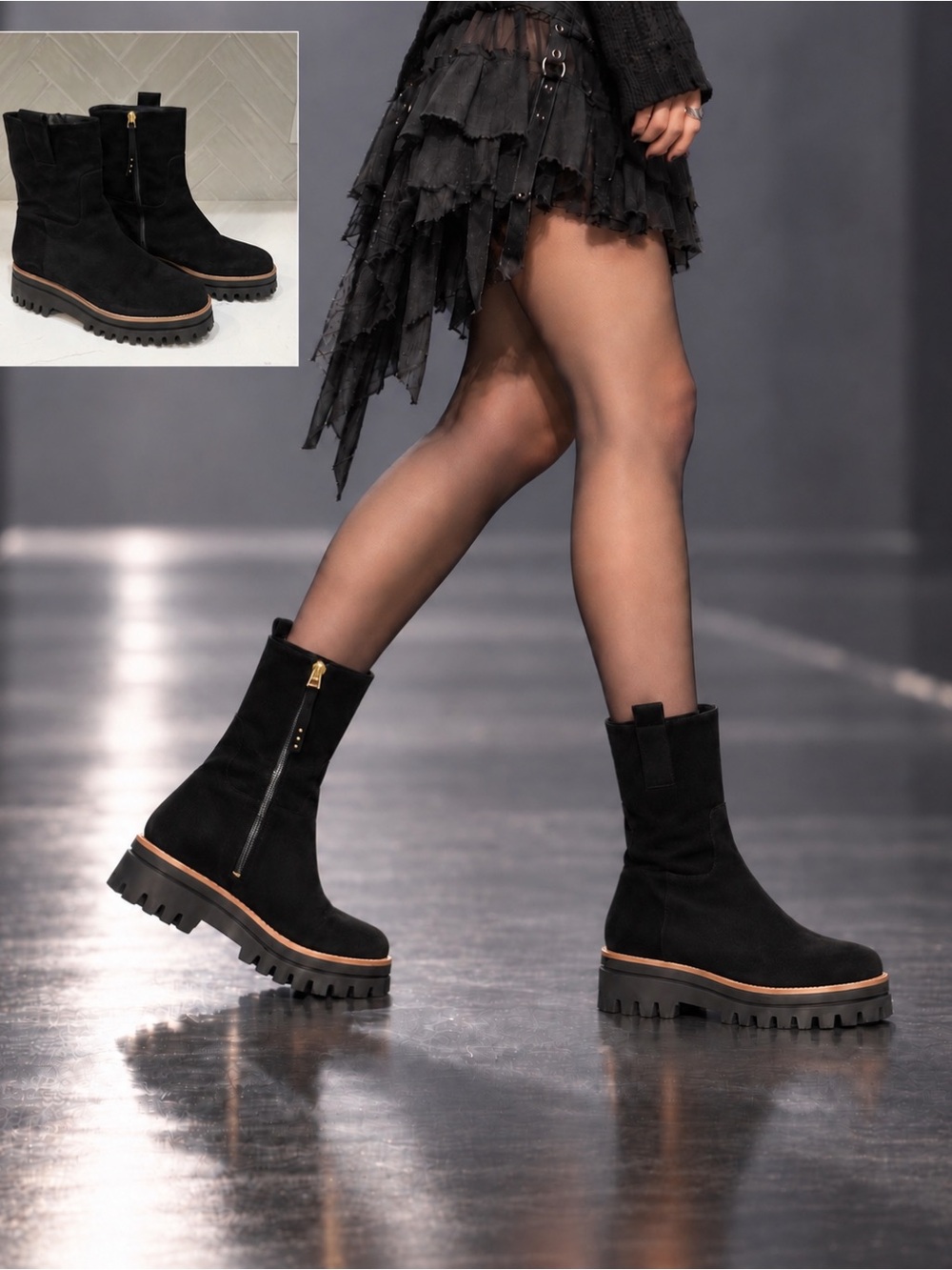 Paloma Barceló Black Suede Chunky Lug Sole Ankle Boots Designer Combat Moto